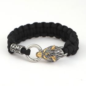 Norse Viking Mythology Stainless Steel Paracord Wolf Head Bracelet (Color: Picture color, size: 23CM)